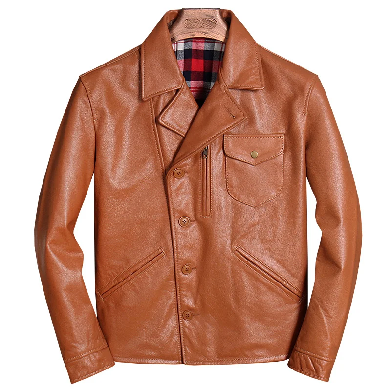 

Мужская кожаная куртка из натуральной коричнево-желтой воловьей кожи, Модная тонкая мягкая и детализированная куртка из воловьей кожи, Женское пальто, 4XL