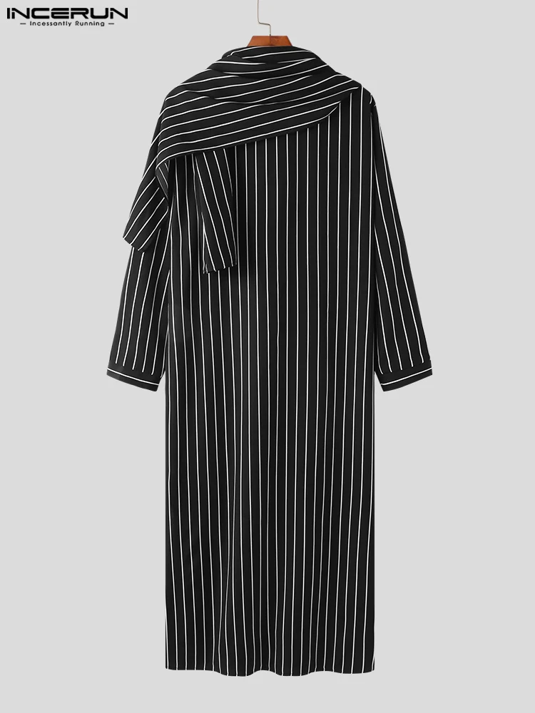 INCERUN 2023 Muslim Style Men's Wrapped Striped Jubba Thobe Casual Streetwear Hot Sale Male Ring Leader Pendulum Fork Robe S-5XL