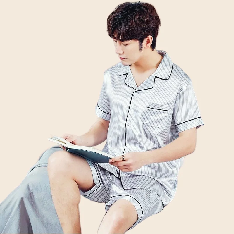 Men's Summer Pajamas Set Short Sleeve T-shirt Shorts 2Piece/Set Sexy Stripe Print Pyjama Big Size Homewear Cozy PJS