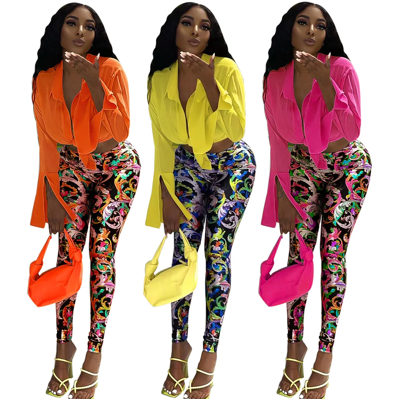 

Ladies suit sexy long-sleeved shirt 2-piece set fashion print tight trouser suit women spring and autumn fashion 2021