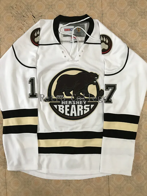 

White Mens Hershey 17# Chris Bourque Bears Hockey Jerseys Retro Embroidery Stitched any name and number