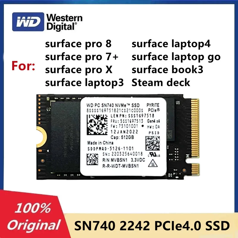 Western Digital SN740 1TB 2TB 512GB 256GB M.2 NVMe 2242 PCIe4.0x4 SSD Solid State for Microsoft Surface Pro X Surface Laptop 3