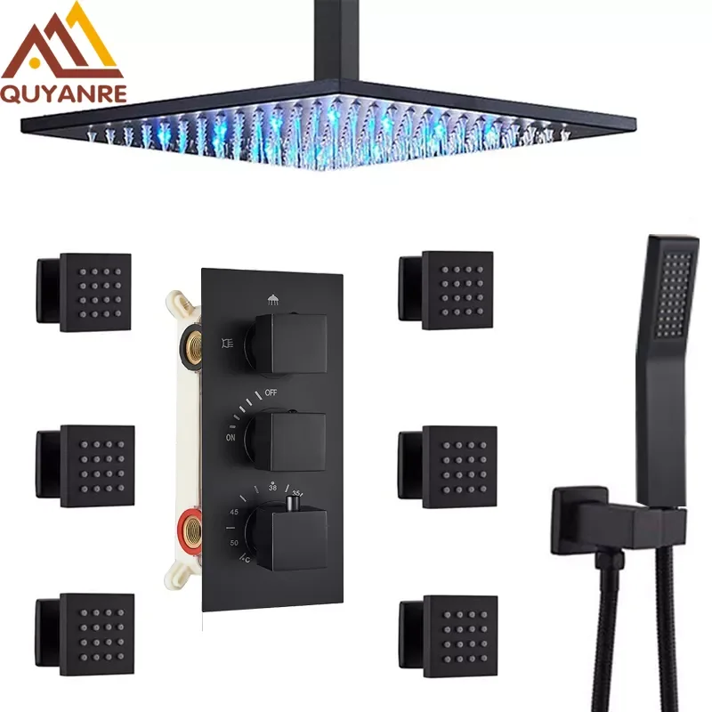 

Black Ceiling Mounted Shower System LED Rainfall Shower 3-way Thermostatic Mixer Brass Shower Mixer 6pcs Spa Jets Bath Shower