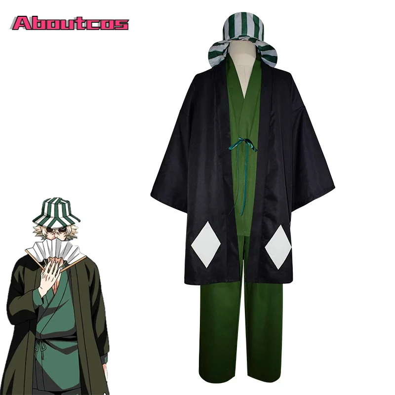 

Aboutcos Anime Bleach Urahara Kisuke Cosplay Costume Kimono Halloween Clothes for Men Women Full Outfit Cape Tops Pants With Hat