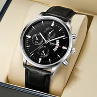 2022 new male watch luxury bracelet set fashion business brown leather quartz wrist watches for men gift set relogio masculino
