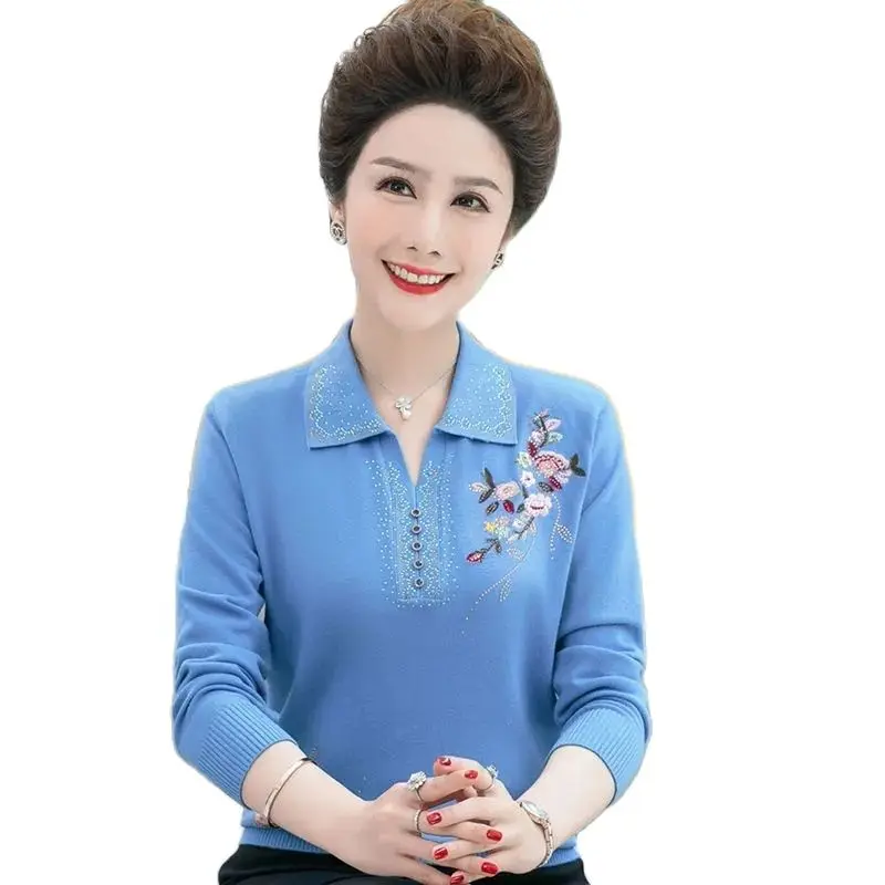

Fashion Long-Sleeved Embroidery T-Shirt Tops New 2023 Spring Autumn Middle-Aged Women's T-Shirt Tops Knitted Bottoming Shirt