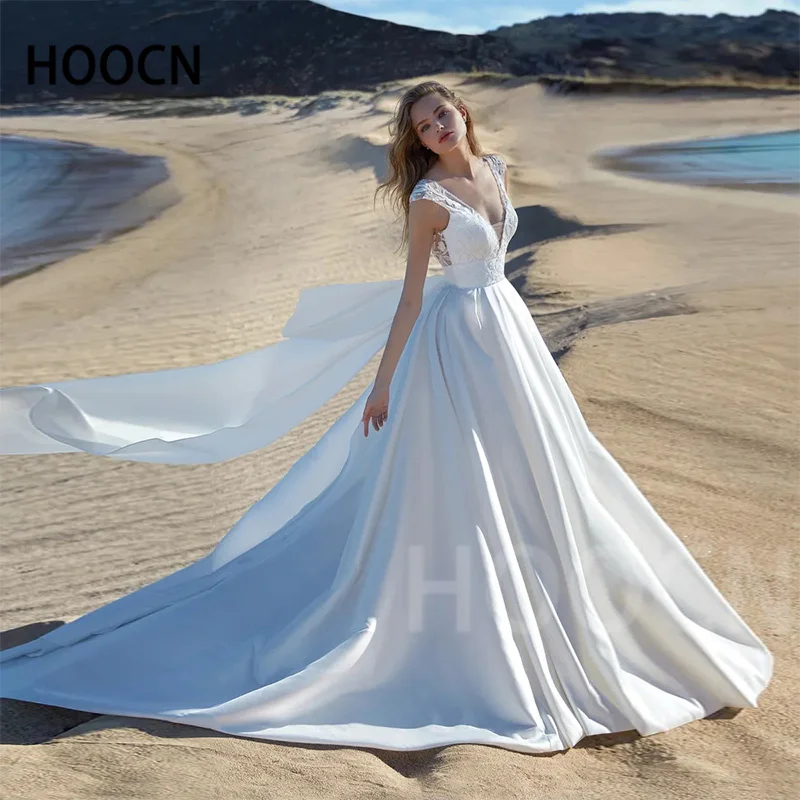 

HERBURNL Simple Wedding Dress Sleeveless V-neck Satin Temperament Lace Appliqué Bow New Wedding Dress Vestido de casamento