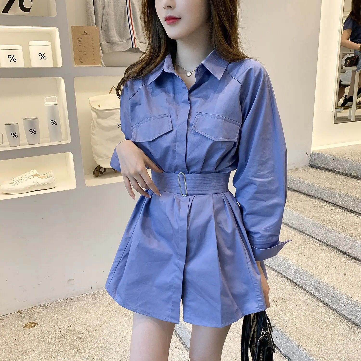 

Женское офисное платье-рубашка с высокой талией, блузка с длинным рукавом, Топ