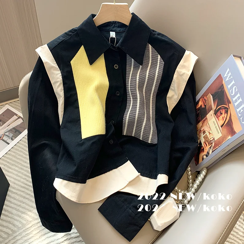 

Patchwork Contrast Short Knit Top Women's Polo Collar Casual Versatile Outerwear Fake Two-piece Coat Winter Autumn Coats