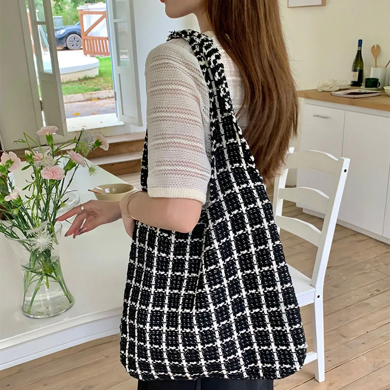Black and White Plaid Shoulder Shopping Bag Designer Women's Korean Street Style Casual Tote Summer Trend Bright Color Wholesale