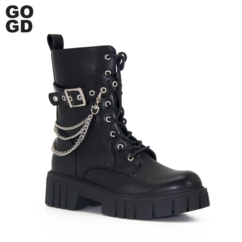 GOGD Spring Autumn New Fashion Rome Cross-Tied Round Toe Boots Women's Shoes Mid-Calf Chelsea Leisure Square Heel ZIP Solid 2021