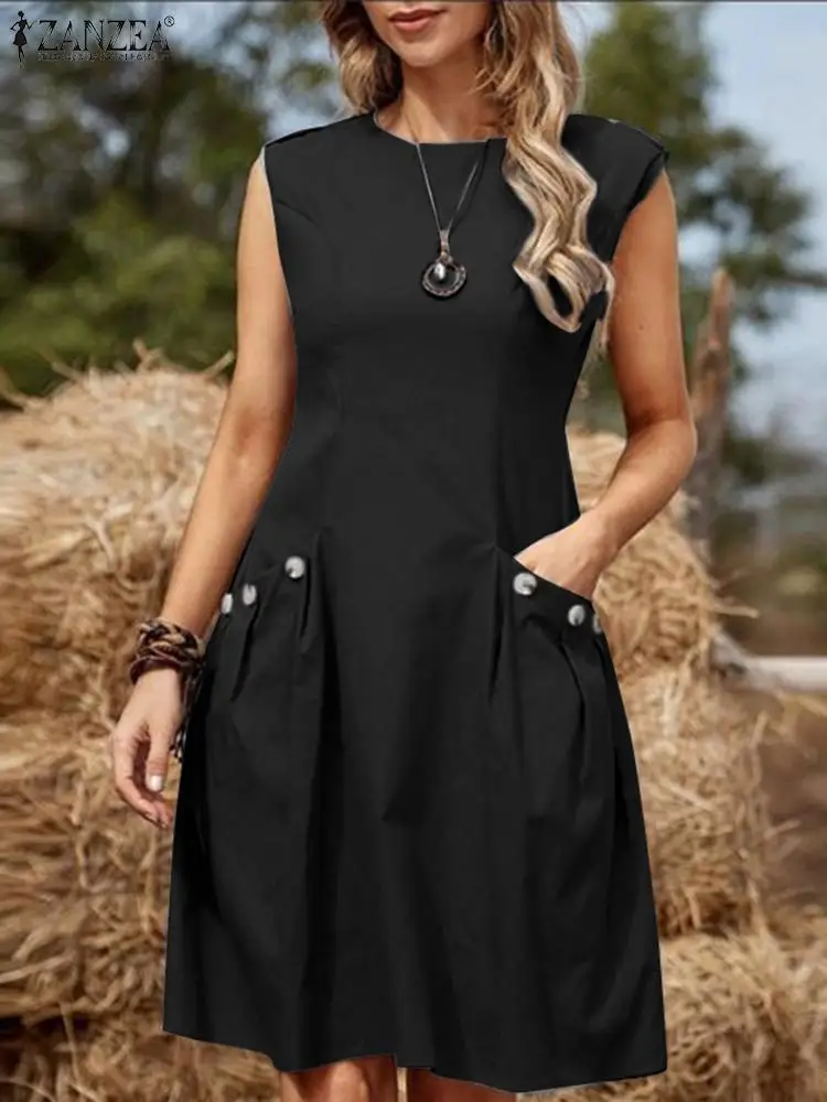 

ZANZEA Summer Fashion Sleeveless Elegant Casual Party Sundress Female Baggy Work Vestido Sarafans Women Solid Knee-length Dress
