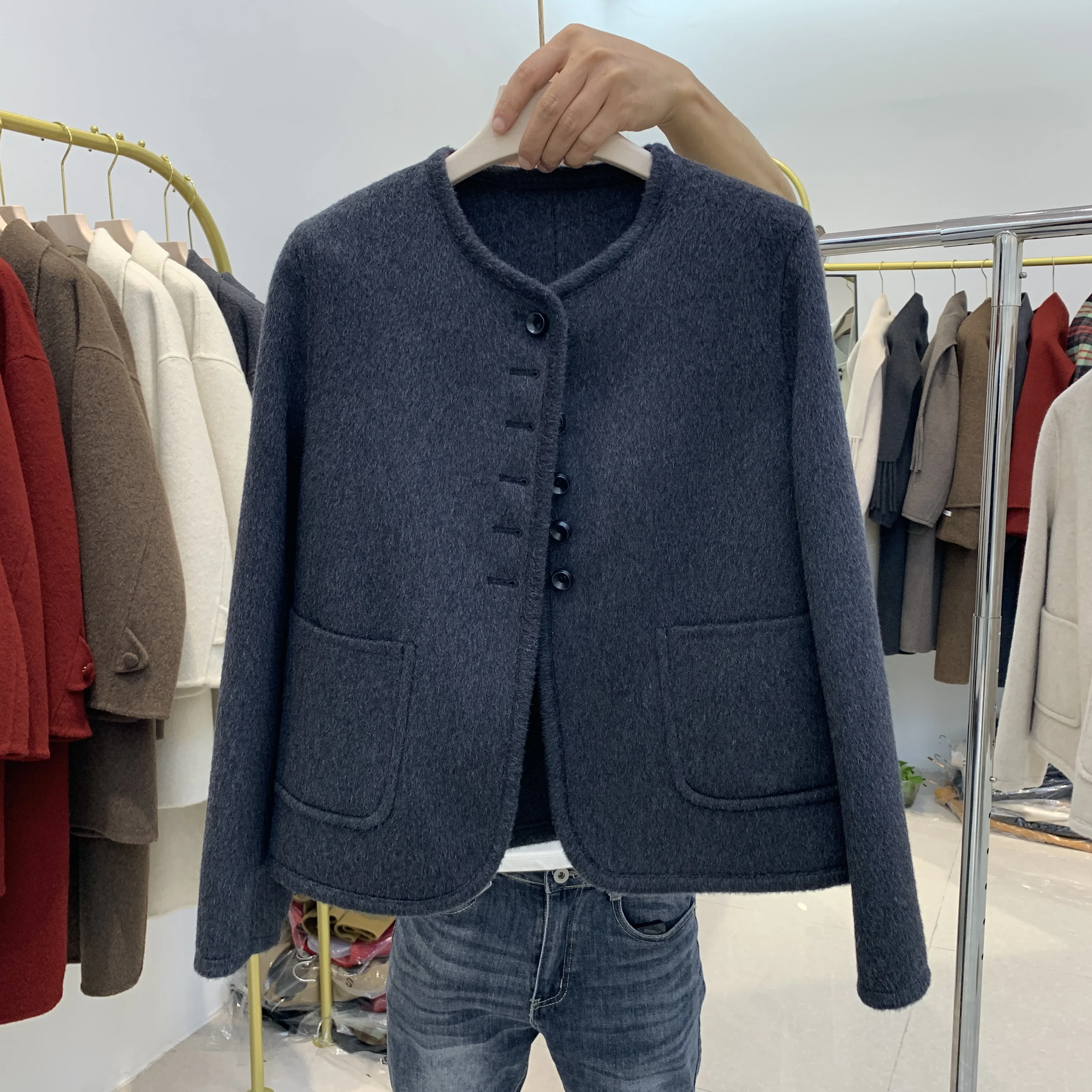 2024 Autumn and Winter High end round Neck Wool Outerwear Socialite Graceful Loose Short Double-sided Cashmere coat Women