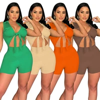 ribbed bandage jumpsuit women sleeveless turn down collar deep v neck romper sexy jumpsuit party 2022 summer outfits wholesale