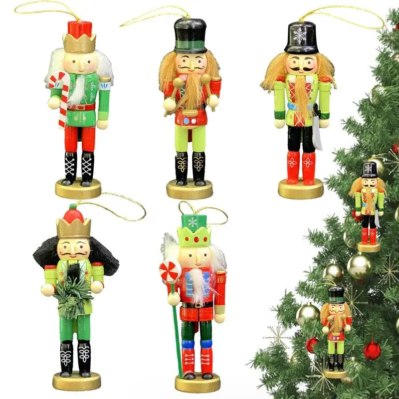 

Nutcrackers Christmas Ornaments 5Pcs Wood Christmas Collectible Puppet Pendant Toy 4.7Inch Christmas Nutcracker Soldier For Home