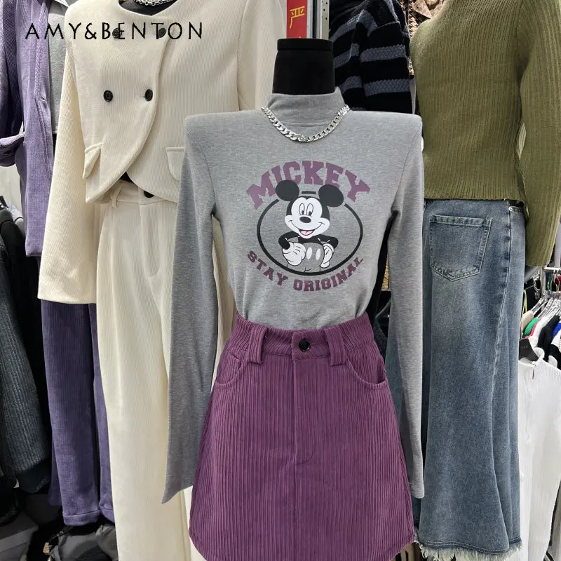 

New Cartoon Printed Half Turtleneck T-shirt for Women Autumn Figure Flattering Slim-Fit Versatile Long Sleeve Bottoming Shirt