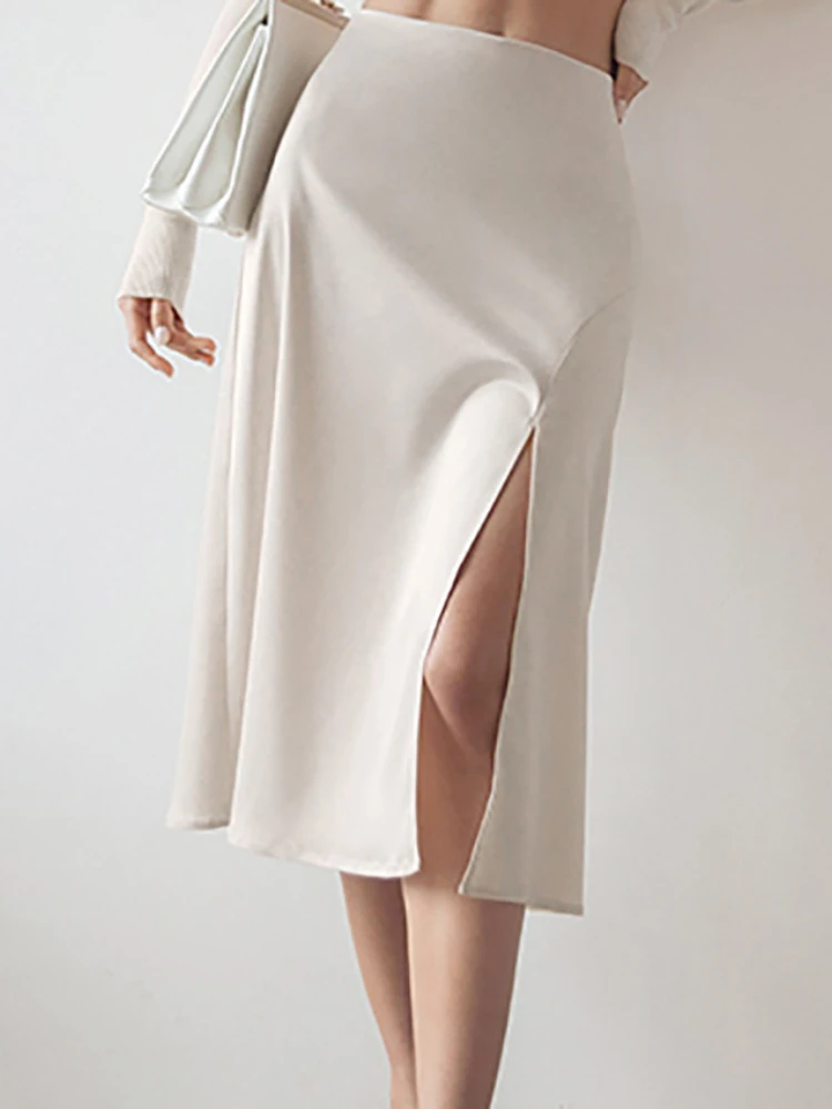 

Women's Summer Skirt Zipper Satin Loose High-waisted Skirt Solid Casual Skirts for Women Elegant Office Slits Kirts Womens 2022