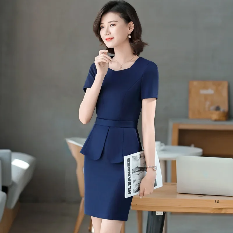 Women's Summer Thin Fashionable Elegant Short Sleeves Professional Suit Front Office Dress Pearl Jewelry Store Workwear