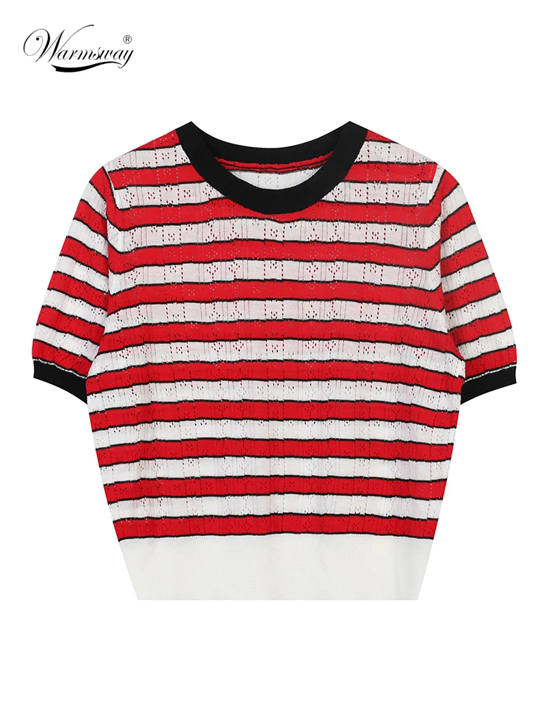 

Summer New Hit Color Hollowed-Out Knitted Casual T-Shirt Hollowed-Out Striped Tee Slim Fit Women T-shirts B-149