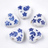 5pcs blue and white handmade porcelain beads heart with moon and star ceramic bead for jewelry making accessorie