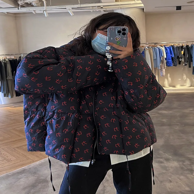 Personalized Printed Zipper Hooded Cotton Jacket Loose Female Autumn and Winter Models Warm Casual Hem Drawstring Jacket Tide