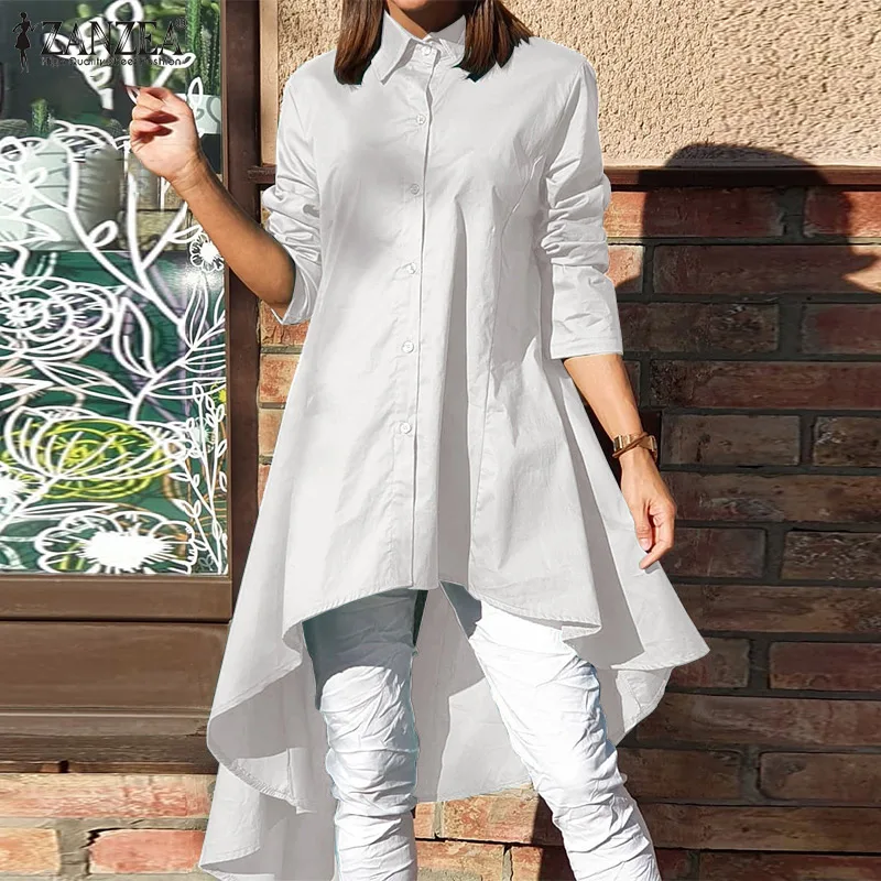 

2022 Autumn Asymmetrical Casual Long Sleeve Tops Tunic Fashion Women Shirt Blusa Oversized ZANZEA Solid OL A-line Chemise Blouse