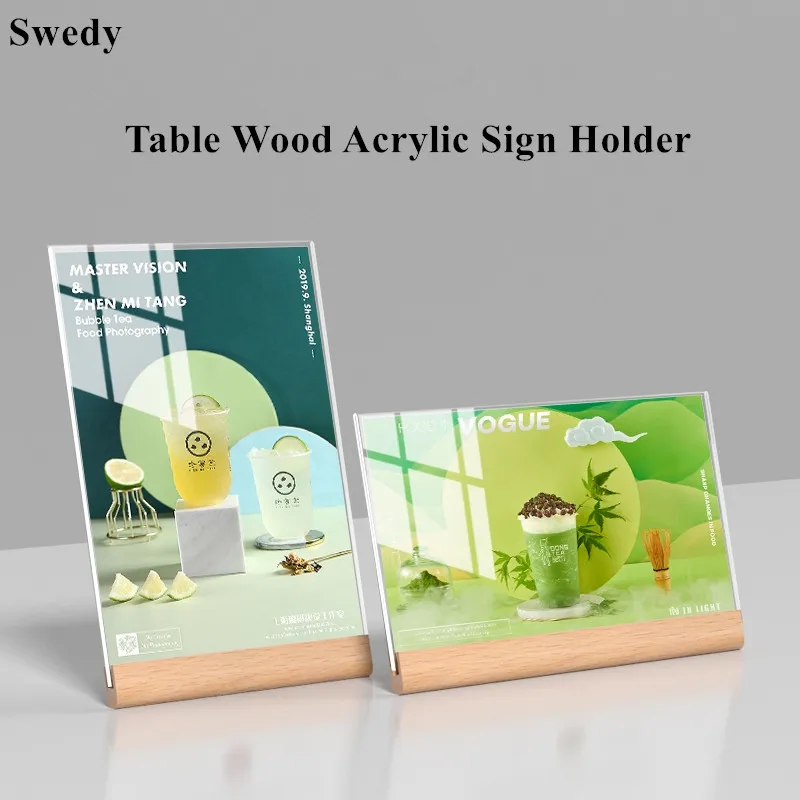 Soporte de acrílico para exhibición, Base de madera A5, 148x210mm, mesa promocional para oficina, menú de documentos, soporte de papel, marco de póster