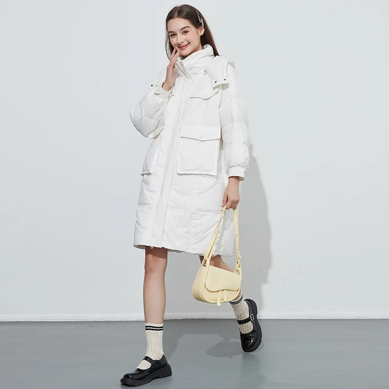 

Женское длинное пальто с капюшоном, толстое хлопковое пальто с большими карманами, повседневное белое пальто на зиму, 2022