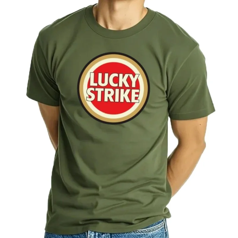 Фото Футболка с хлопковым принтом для мужчин, Lucky Strike Laguna Carmen, Nosttorn ic Smoking, Футболка с рисунком Tan, Fashion №5