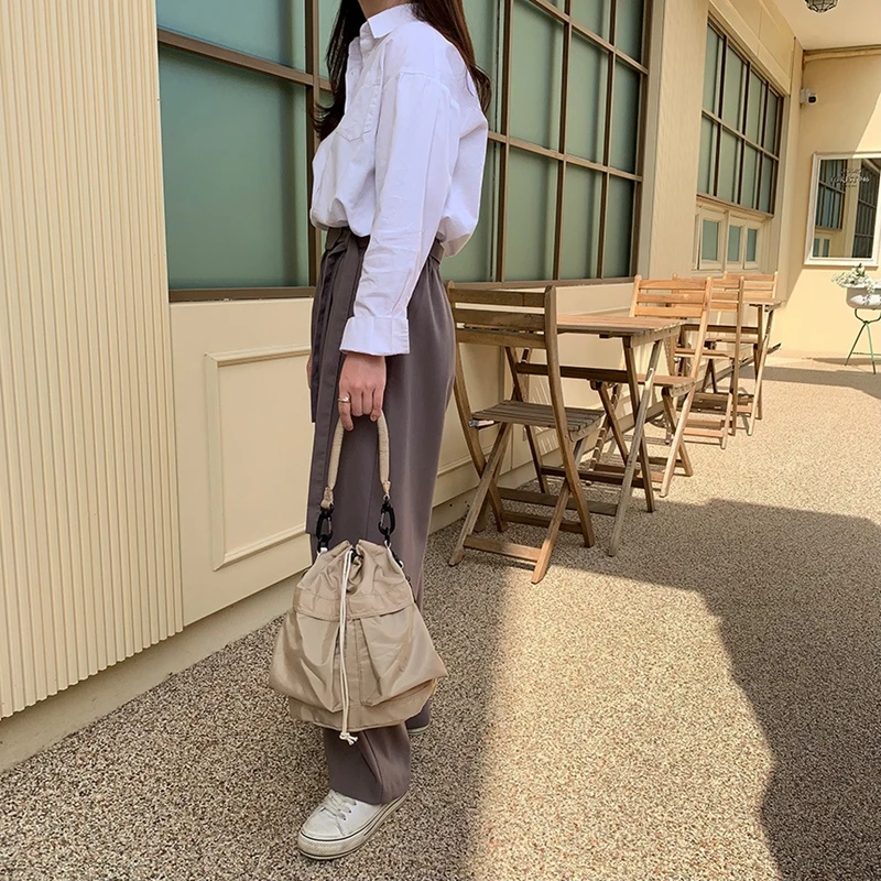 Large Capacity Nylon Single shoulder bag for women Travel Shopper Bag Drawstring Bucket Bag Casual Crossbody Bag