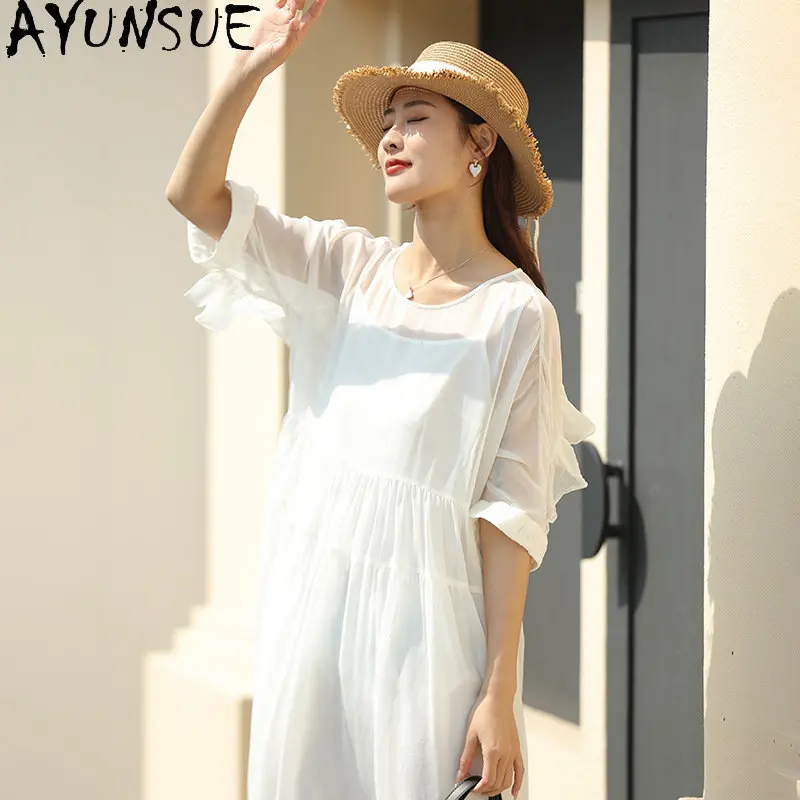 French White Dress Solid 100% Mulberry Silk Dress Female 2023 Summer High-end Midi Dresses Elegant Women's Clothes Vestido Mujer