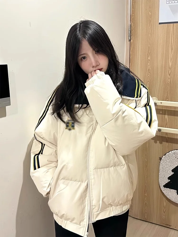 Ins Повседневное утолщенное пуховое пальто в американскую полоску Верхняя одежда