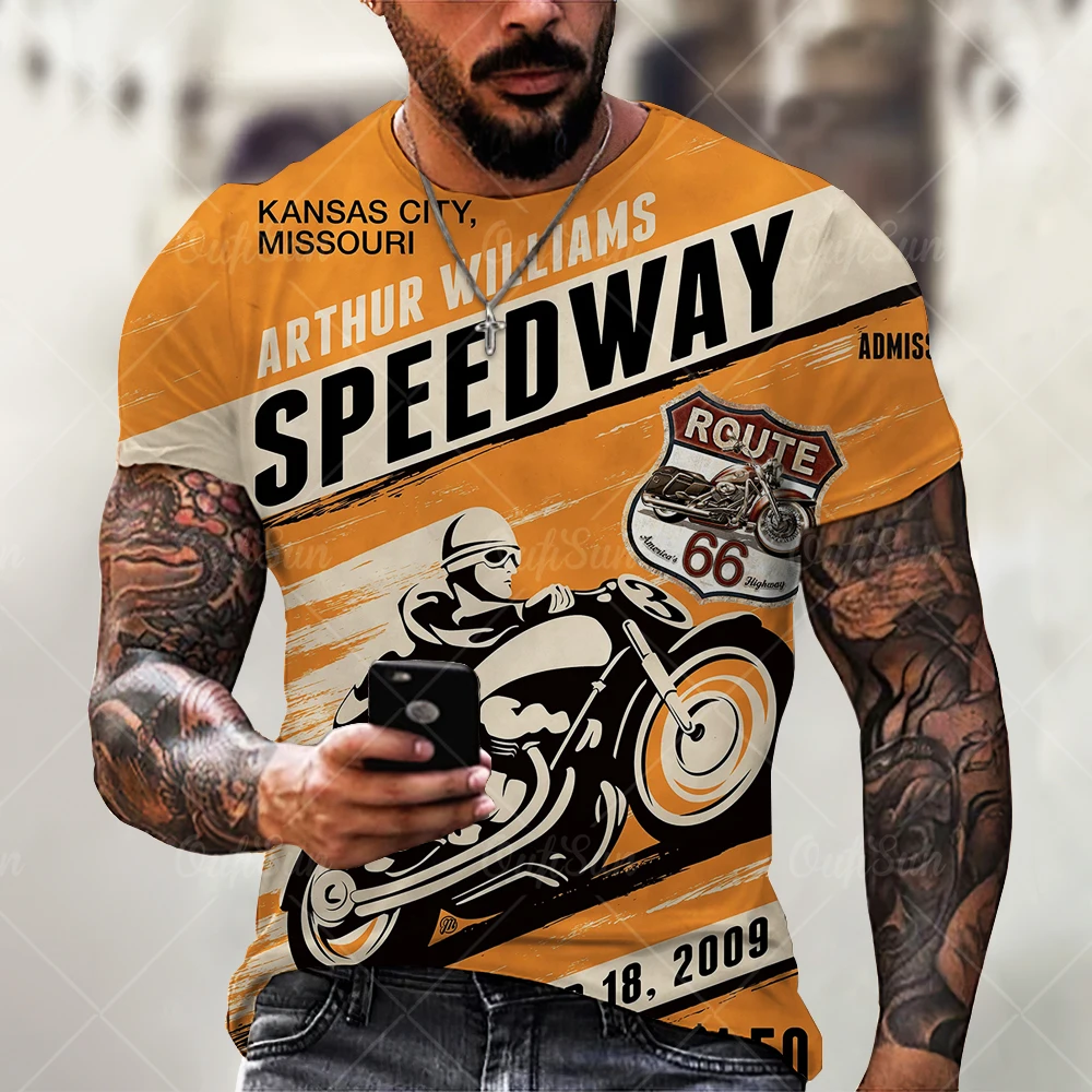 

Route 66 Fashion T-Shirt, Men's 3D Motorcycle Print T-Shirt, Round Neck Short Sleeve Shirt, Summer, Large, Vintage Clothing