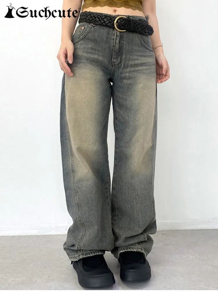 

Повседневные винтажные широкие женские джинсы, низкие ожидания, уличная одежда, синие выцветающие джинсовые брюки Y2K, корейские модные прямые мешковатые брюки