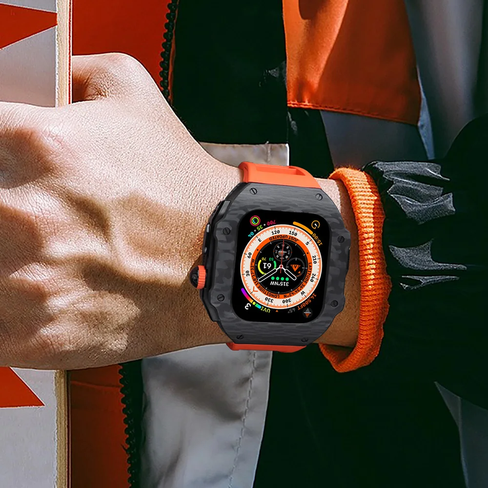 NEW Luxury Carbon Fiber Modification Kit For Apple Watch Case Ultra 49mm For iWatch 8 7 6 5 4 SE 45mm 44mm Fluorine Rubber Band