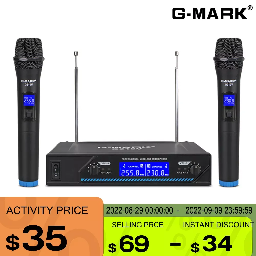 

Wireless Microphone G-MARK G210V 2 Channels VHF Professional Handheld Mic For Party Karaoke Church Show Meeting
