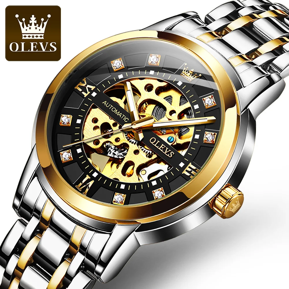 

OLEVS Mechanical Watches for Men Unique Fashion Skeleton Design Auto Self-Wind Men's Wristwatch Luxury Diamond Waterproof Watch