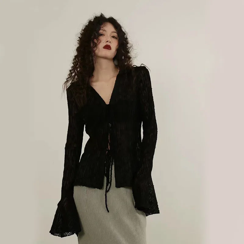 Женская шифоновая блузка на шнуровке летняя Солнцезащитная Y2K американская