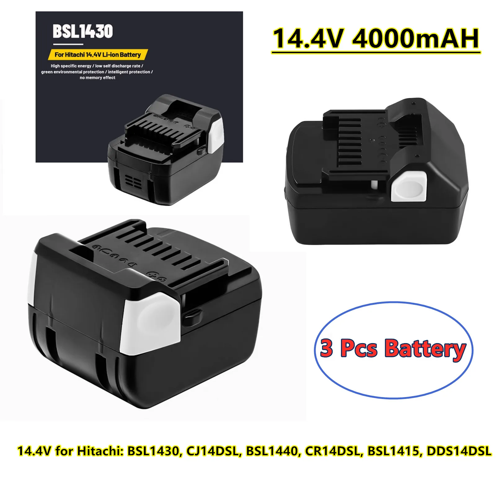 

3 Pcs 14.4V 4.0Ah Li-ion Power Tool Battery for HITACHI BSL1415 BSL1430 CD14DSL DH14DSL DS14DSL 329901 Cordless Drill