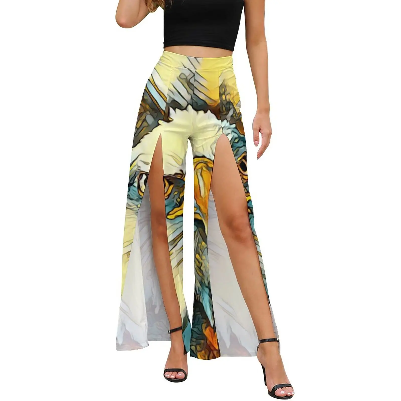 

Animal Art Eagle Pants Female Vintage Art Watercolor Animal Harajuku Print Trousers High Slit Casual Wide Pants Birthday Present