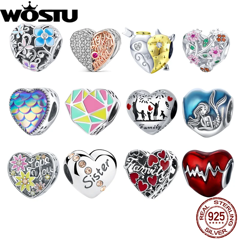 

WOSTU Hot Sale 925 Sterling Silver Heart Shaped Dangle Charm Beads Fit Original Bracelets Fine Jewelry Gift