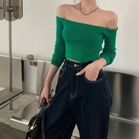 summer korean women two piece set fashion one shoulder breathable knitted top high waisted wide leg denim pants suit 2 piece