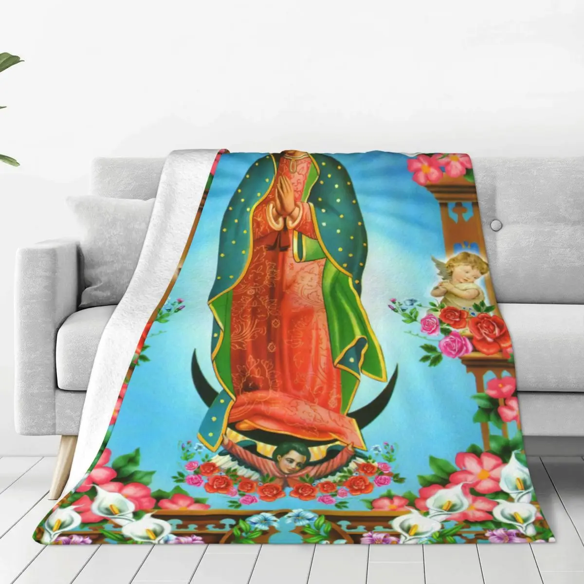 

Christian Virgin Mary Jesus Blanket Cover Flannel Our Lady of Guadalupe Ultra-Soft Throw Blankets for Airplane Travel Bed Rug
