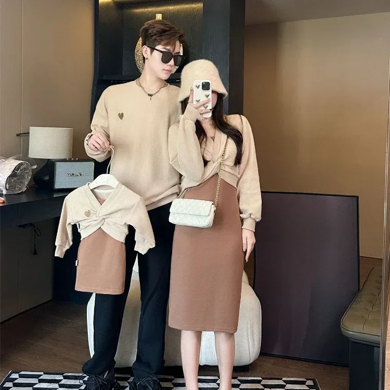 Семейная зимняя теплая одежда топы с длинным рукавом для мамы и дочки + платье на