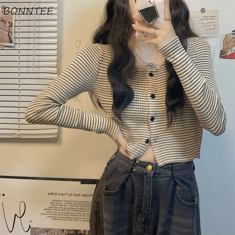 

Cropped Cardigan Women Striped Sweater Vintage Soft Hotsweet Casual Autumn Y2k Girls Tender Korean Style Sexy Knitted Clothing