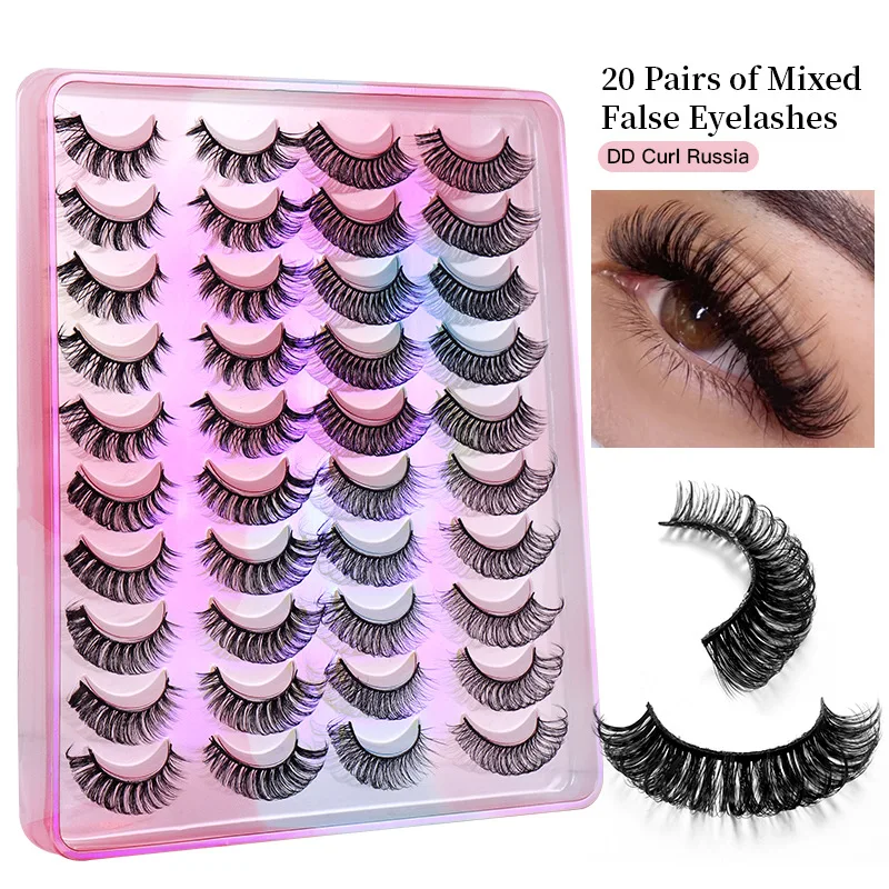 

20 Pairs Russian Strip Lashes DD Curl False Lashes Reusable Fluffy Natural Lash Strips Curling Pack 4 Styles Eyelash Extensions