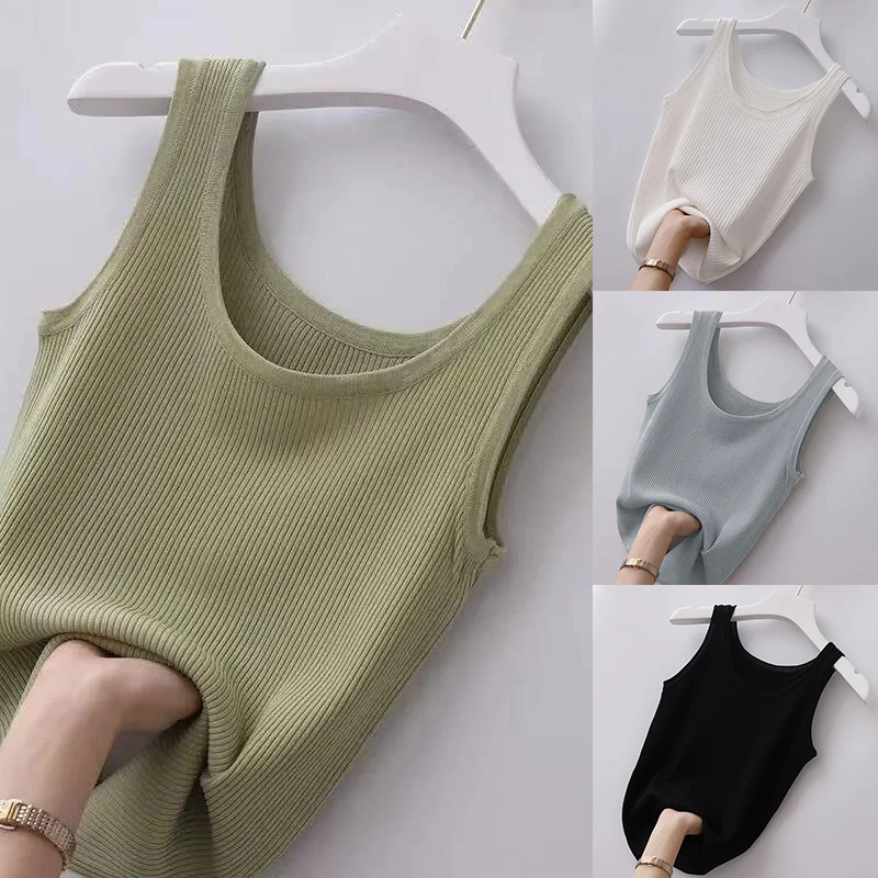 

Slim Sleeveless Women 2022 NEW Casual T-shirts Women's Summer Inner Ice Silk Bottoming Tank Tops O-neck Solid Knit Sweater Vest