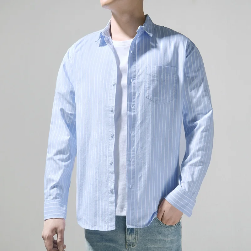 

Мужская хлопковая рубашка в полоску, белая Повседневная рубашка с длинными рукавами, в деловом стиле, лето 2019
