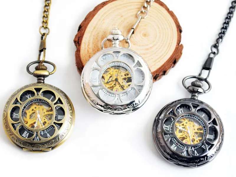 Luxury Mechanical Pocket Watch for Men Women Flower Hollow Skeleton Dial Roman Dial Fob Chain Pendant Clock for Collection Gift