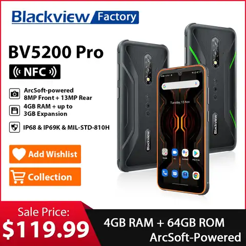 Blackview BV5200 Pro ArcSoft защищенный смартфон 4GB 64GB Octa Core Android 12 Мобильный телефон 13MP 5180mAh 6.1 дюймов NFC сотовый телефон